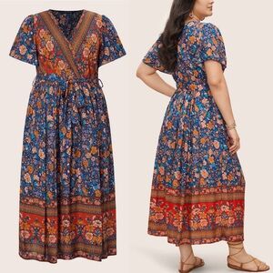 BloomChic Floral V-Neck Midi Dress *Missing Belt Red Blue Bohemian Size 14/16